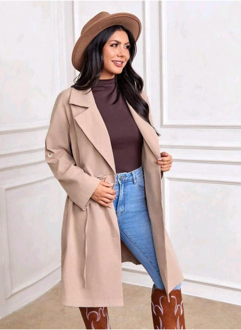Shein - SHEIN LUNE Women's Casual Khaki Windbreaker With Rolled-Up Sleeves And Waist Drawstring - Image 1