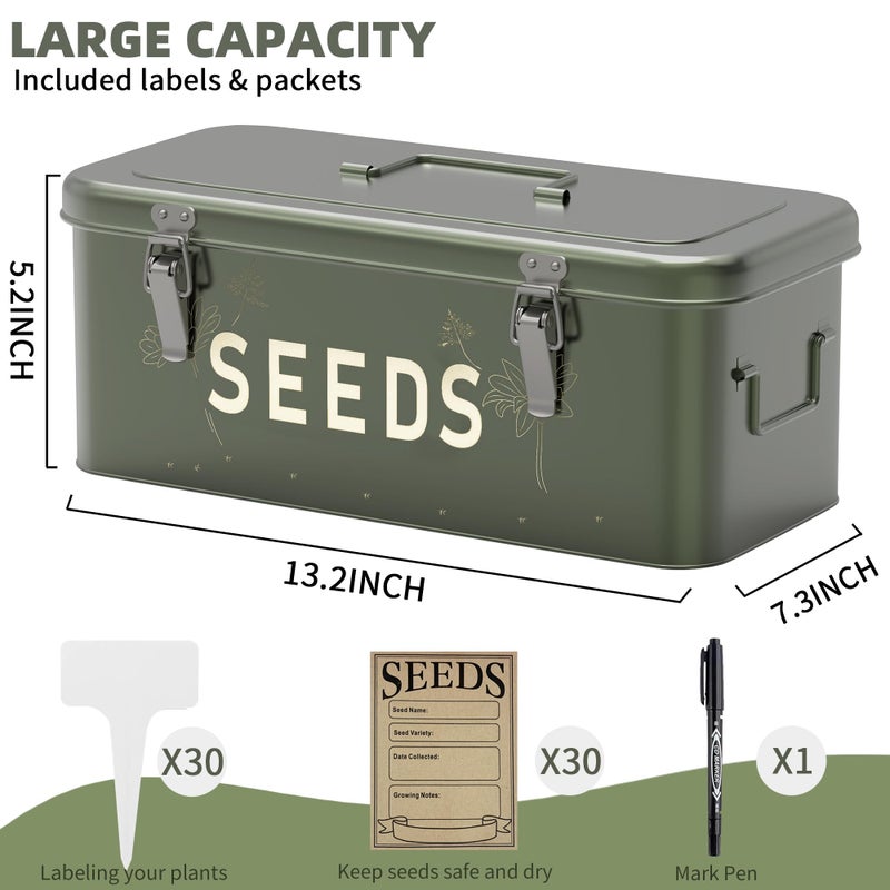 Orionstar Metal Seed Storage Organizer, 4 Compartments Saving Box with 30 Envelopes & Labels, Garden Organization Bin for Heirloom Protection, Vintage Dark Green - Image 2