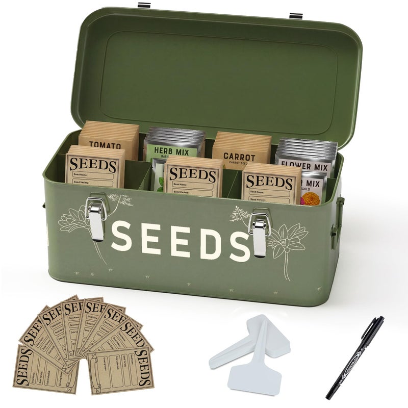 Orionstar Metal Seed Storage Organizer, 4 Compartments Saving Box with 30 Envelopes & Labels, Garden Organization Bin for Heirloom Protection, Vintage Dark Green - Image 1