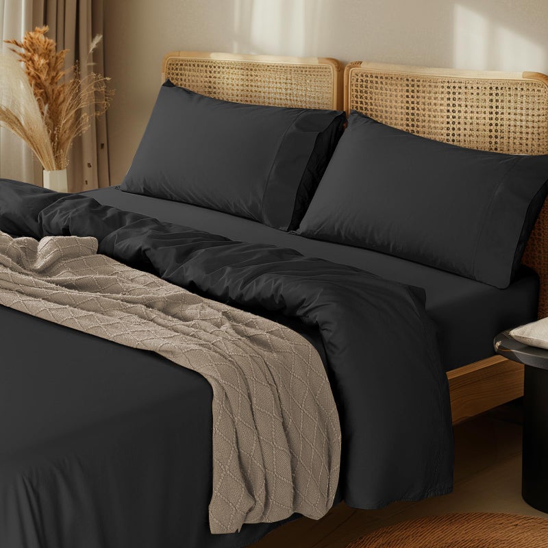 LBRO2M LBRO2M 1000 Thread Count 100% Cotton Sheets Set King Size Bed Sheet 4 Piece Sets Long Staple 16 Inches Deep Pocket All Season Bedding Super Soft Comforterble Breathable Sateen Weave(Black)  - Image 1