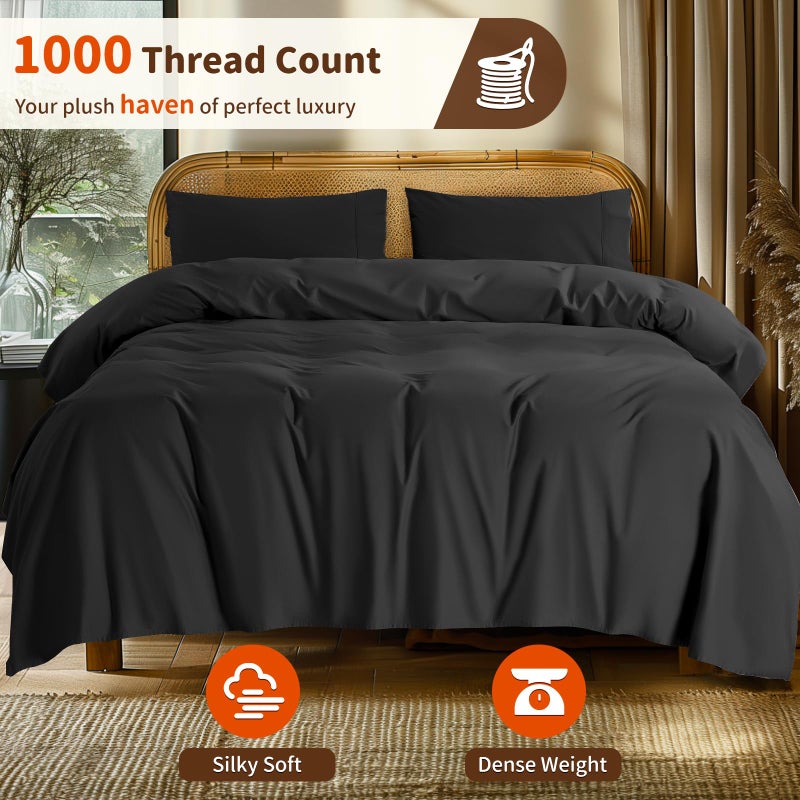 LBRO2M LBRO2M 1000 Thread Count 100% Cotton Sheets Set King Size Bed Sheet 4 Piece Sets Long Staple 16 Inches Deep Pocket All Season Bedding Super Soft Comforterble Breathable Sateen Weave(Black)  - Image 2