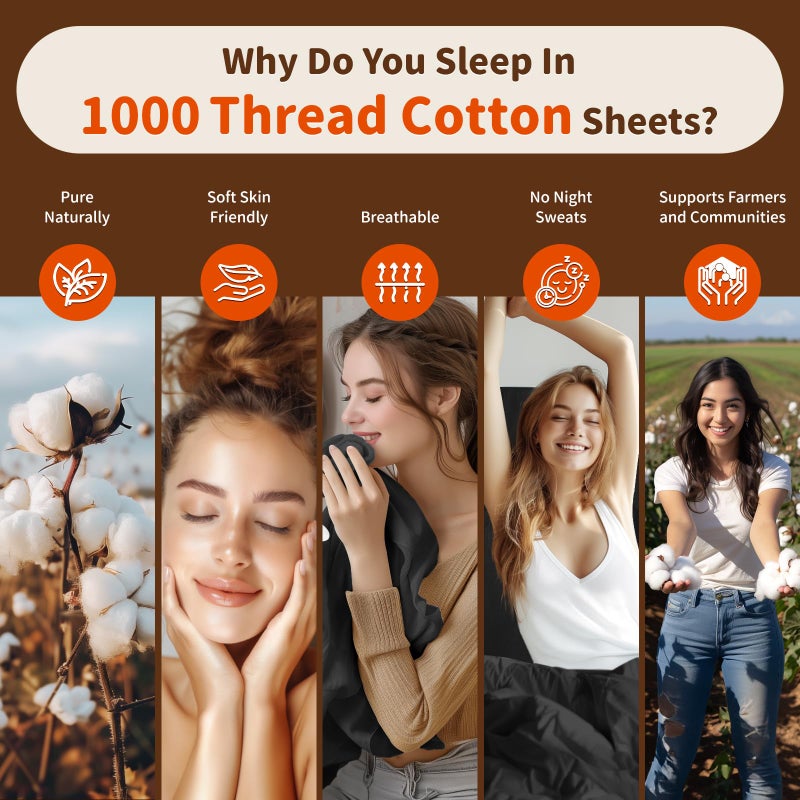 LBRO2M LBRO2M 1000 Thread Count 100% Cotton Sheets Set King Size Bed Sheet 4 Piece Sets Long Staple 16 Inches Deep Pocket All Season Bedding Super Soft Comforterble Breathable Sateen Weave(Black)  - Image 4