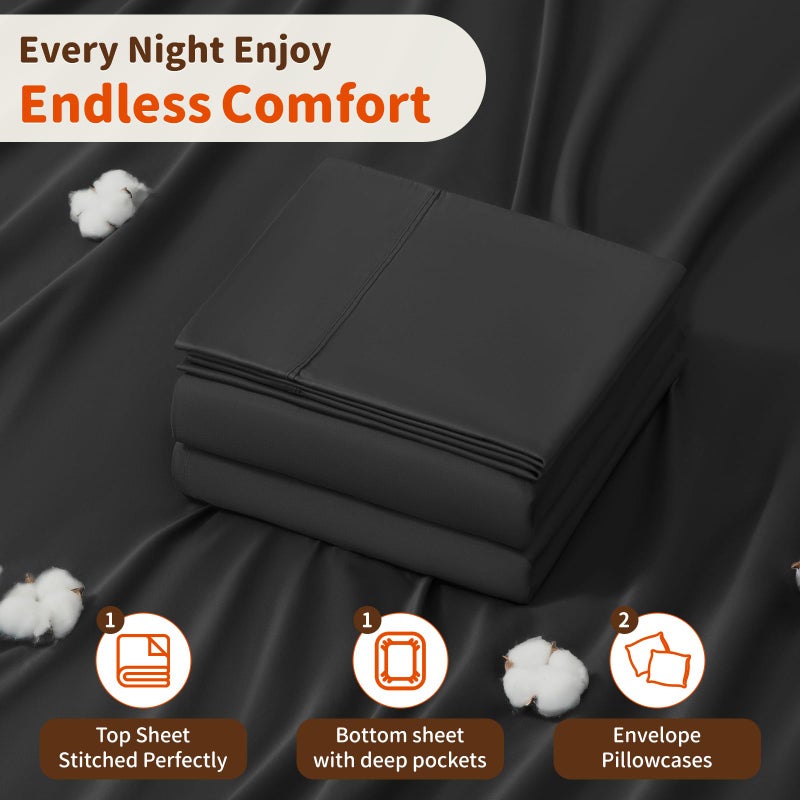 LBRO2M LBRO2M 1000 Thread Count 100% Cotton Sheets Set King Size Bed Sheet 4 Piece Sets Long Staple 16 Inches Deep Pocket All Season Bedding Super Soft Comforterble Breathable Sateen Weave(Black)  - Image 5