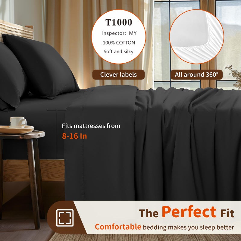 LBRO2M LBRO2M 1000 Thread Count 100% Cotton Sheets Set King Size Bed Sheet 4 Piece Sets Long Staple 16 Inches Deep Pocket All Season Bedding Super Soft Comforterble Breathable Sateen Weave(Black)  - Image 3
