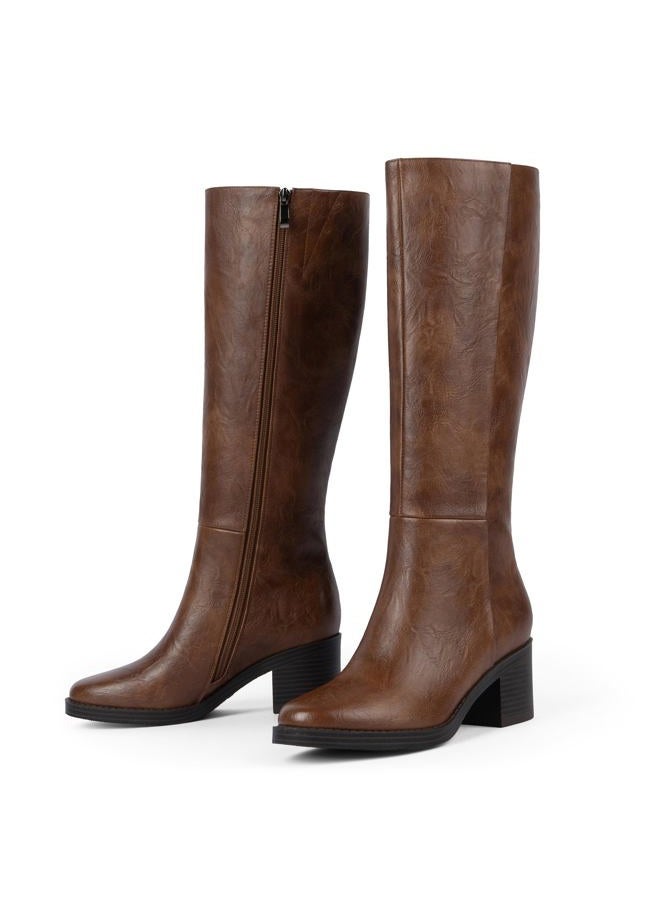 Easyfox Knee High Boots for Women 2.56" Chunky Heel Round Toe Side Zipper Fall Winter Dress Tall Boots for Women, Retro Brown, 10 - Image 3