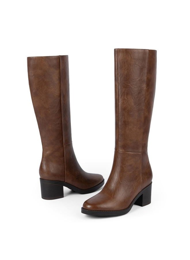 Easyfox Knee High Boots for Women 2.56" Chunky Heel Round Toe Side Zipper Fall Winter Dress Tall Boots for Women, Retro Brown, 10 - Image 4