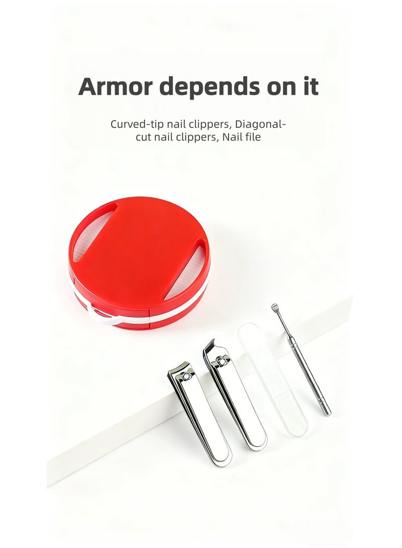 مجموعة مانيكير محمولة 4 في 1 من الفولاذ المقاوم للصدأ مع حقيبة حمل حمراء - تتضمن مقص أظافر ومبرد أظافر ومغرفة أذن ومقص بشرة - مجموعة قص أظافر مثالية للسفر للرجال والنساء - Image 2