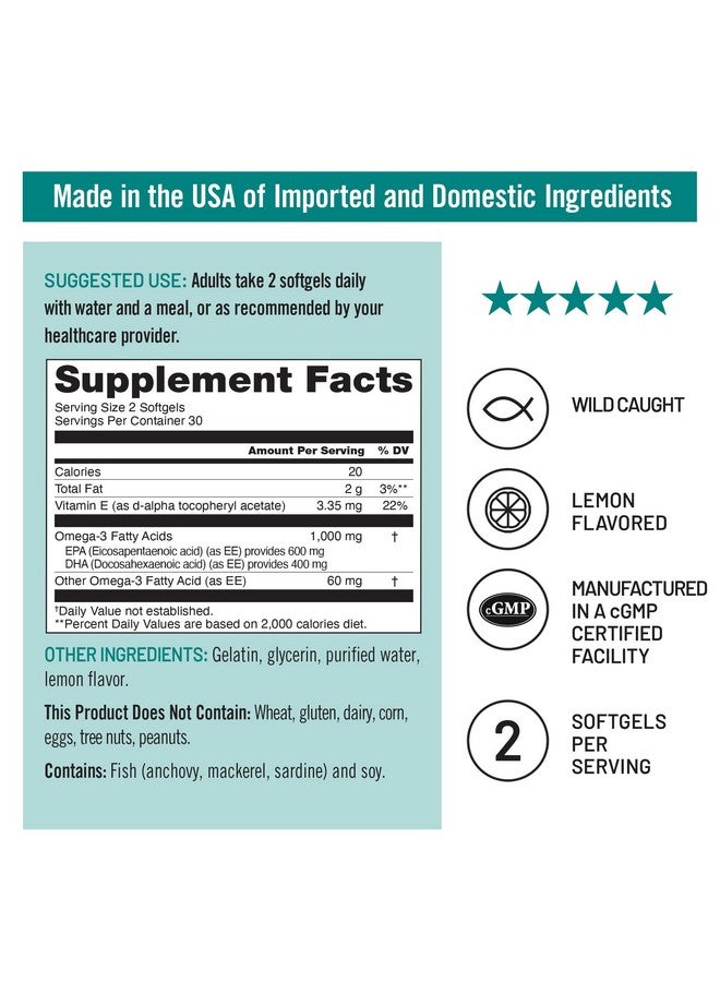 NatureWise Extra-Strength Omega 3 Fish Oil Supplement - 1000mg per Serving - 600 EPA & 400 DHA and Vitamin E - Support for Heart & Brain Health - Lemon Flavor, GMO-Free - 60 Softgels[1-Month Supply] - Image 4