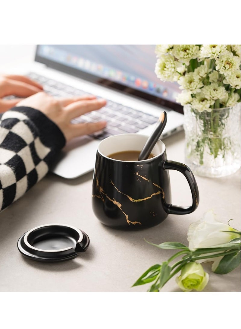 Excefore كوب قهوة سيراميكي مع غطاء وملعقة فولاذية مقاومة للصدأ ، 13.5 أونصة كوب ، آمن في غسل الصحون والميكروويف كوب شاي مع غطاء - هدية مثالية مجموعة أكواب قهوة بتصميم كلاسيكي - Image 2