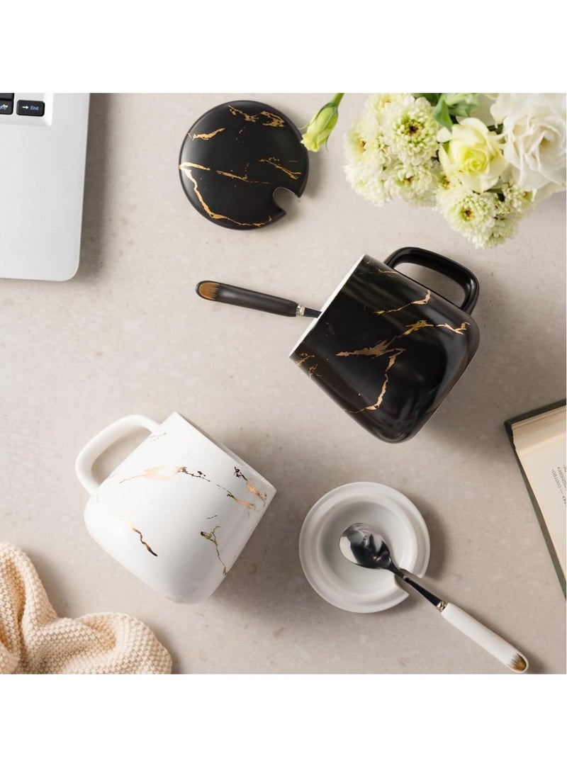 Excefore كوب قهوة سيراميكي مع غطاء وملعقة فولاذية مقاومة للصدأ ، 13.5 أونصة كوب ، آمن في غسل الصحون والميكروويف كوب شاي مع غطاء - هدية مثالية مجموعة أكواب قهوة بتصميم كلاسيكي - Image 3