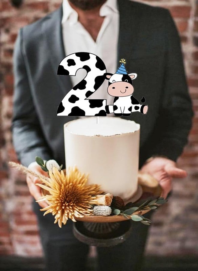 Yuezoloz Farm Animal Cake Topper for 2nd Birthday Boy, Number 2 with Blue Hat Cow Decor,Food Safe Cardstock Cake Decoration for Toddler Boys Party Supplies(6.6"x4.8")(2nd boys) - Image 3