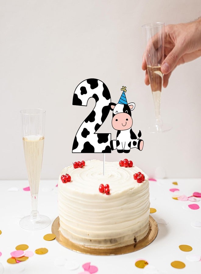 Yuezoloz Farm Animal Cake Topper for 2nd Birthday Boy, Number 2 with Blue Hat Cow Decor,Food Safe Cardstock Cake Decoration for Toddler Boys Party Supplies(6.6"x4.8")(2nd boys) - Image 4