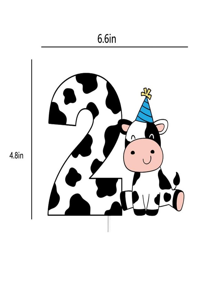 Yuezoloz Farm Animal Cake Topper for 2nd Birthday Boy, Number 2 with Blue Hat Cow Decor,Food Safe Cardstock Cake Decoration for Toddler Boys Party Supplies(6.6"x4.8")(2nd boys) - Image 2