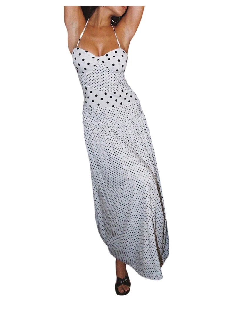 MakeMeChic Women's Polka Dots Halter Dress Tie Backless Summer Maxi Dresses White Medium - Image 1