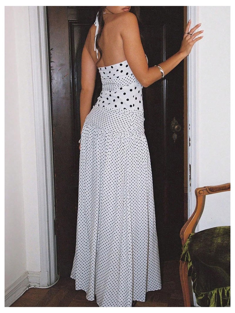 MakeMeChic Women's Polka Dots Halter Dress Tie Backless Summer Maxi Dresses White Medium - Image 2
