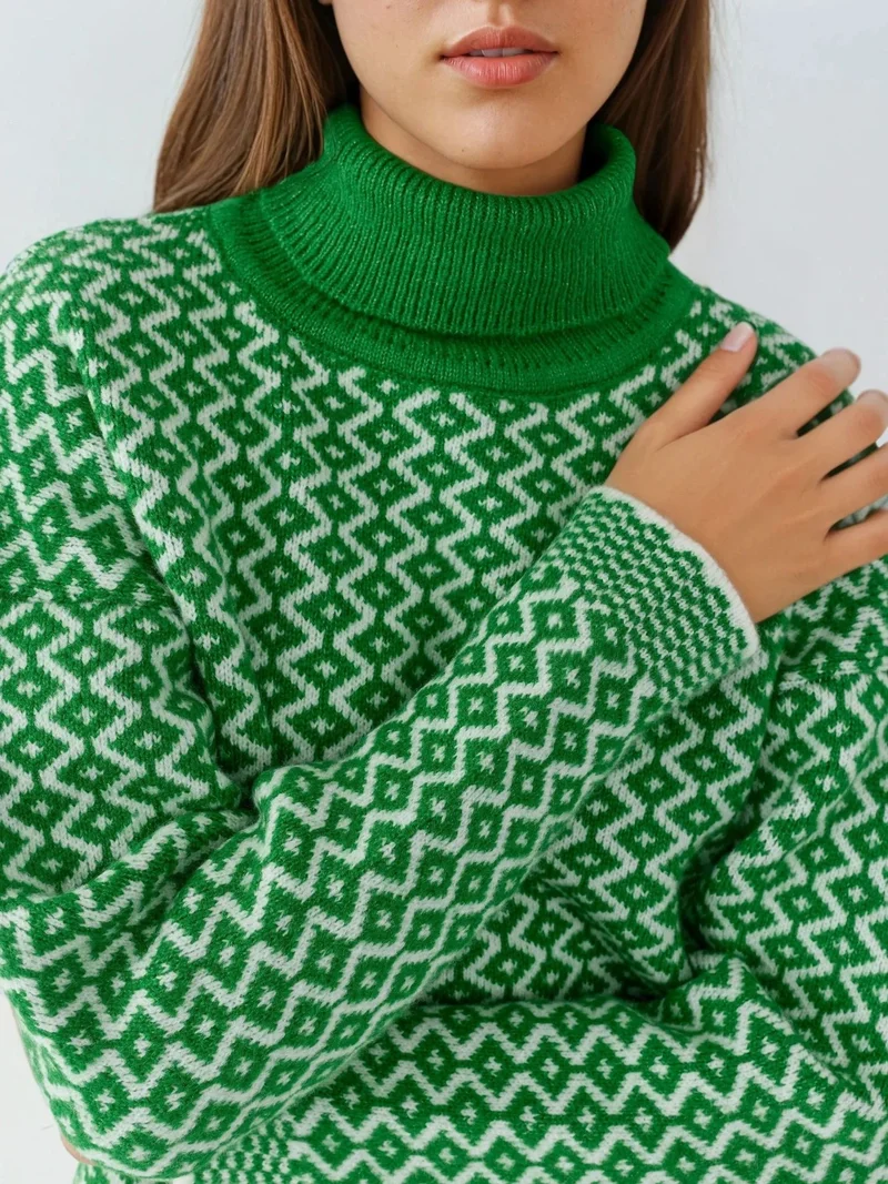 My Fashion Pine Green MY FASHION Long Turtleneck Geometric Pattern Ribbed Sweater for Women | Best Price UAE