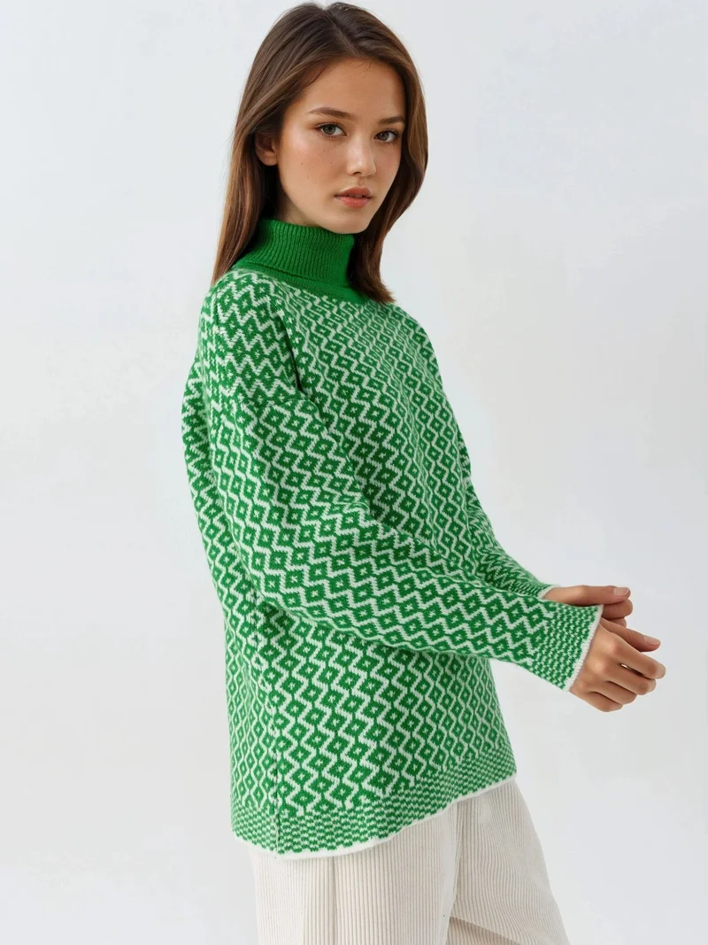 My Fashion Pine Green MY FASHION Long Turtleneck Geometric Pattern Ribbed Sweater for Women | Best Price UAE