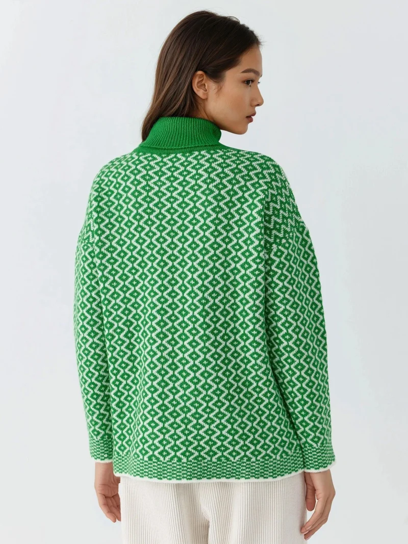 My Fashion Pine Green MY FASHION Long Turtleneck Geometric Pattern Ribbed Sweater for Women | Best Price UAE