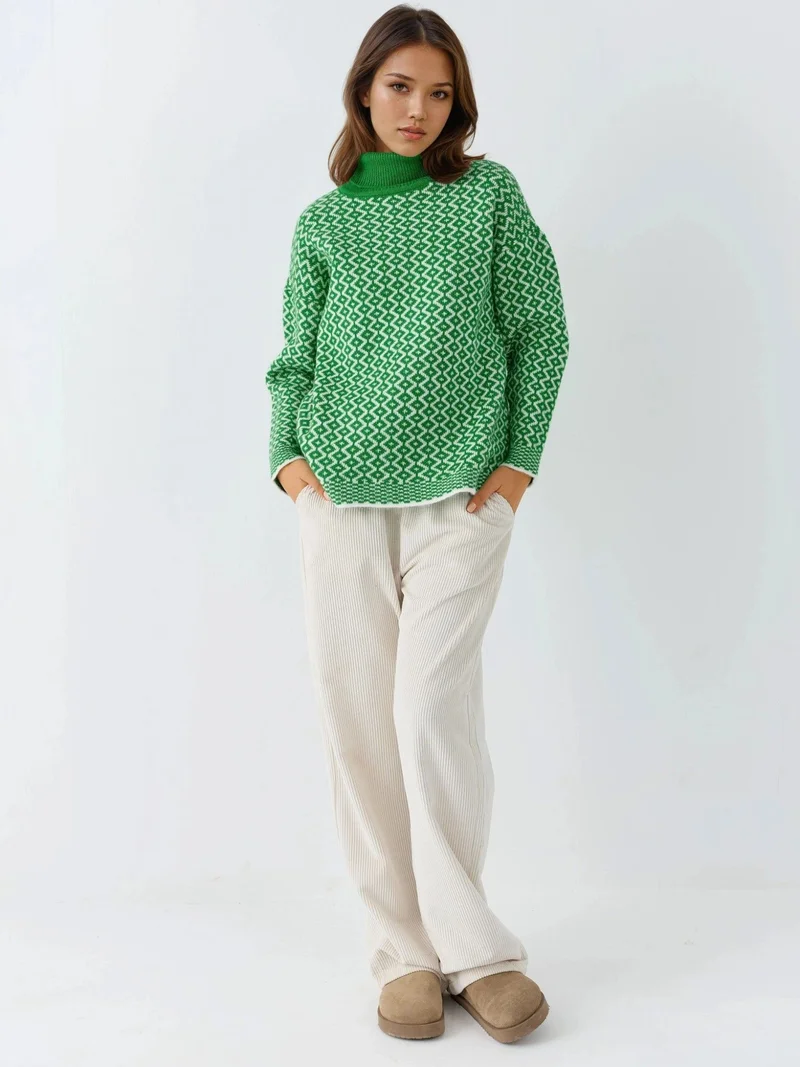 My Fashion Pine Green MY FASHION Long Turtleneck Geometric Pattern Ribbed Sweater for Women | Best Price UAE