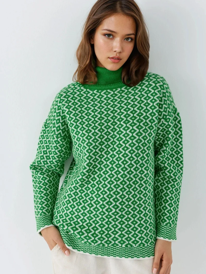MY FASHION Long Turtleneck Geometric Pattern Ribbed Sweater