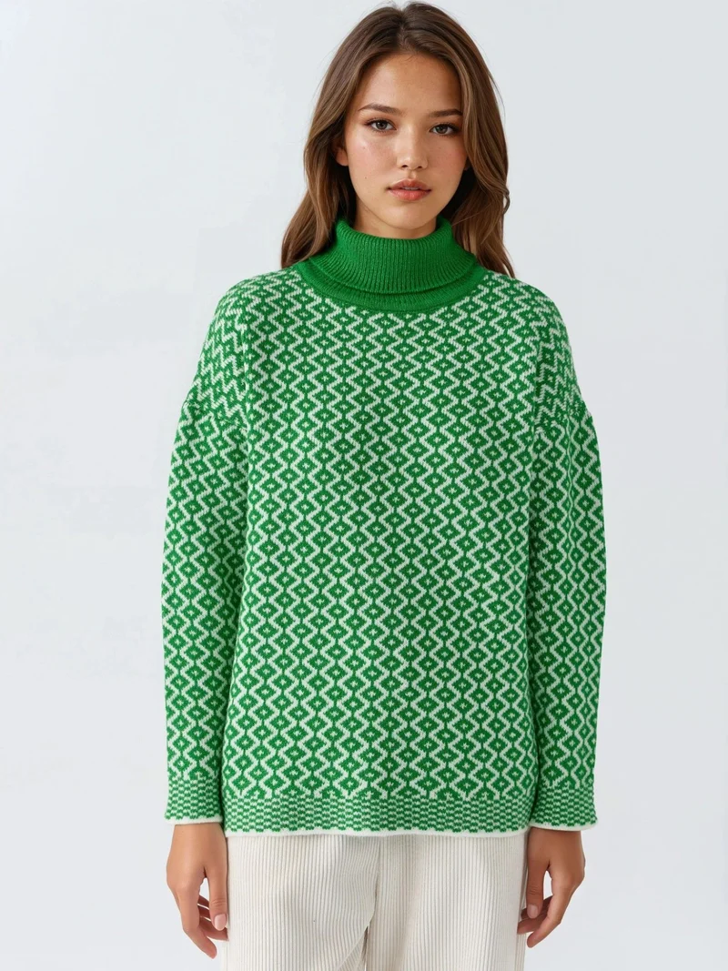 My Fashion Pine Green MY FASHION Long Turtleneck Geometric Pattern Ribbed Sweater for Women | Best Price UAE