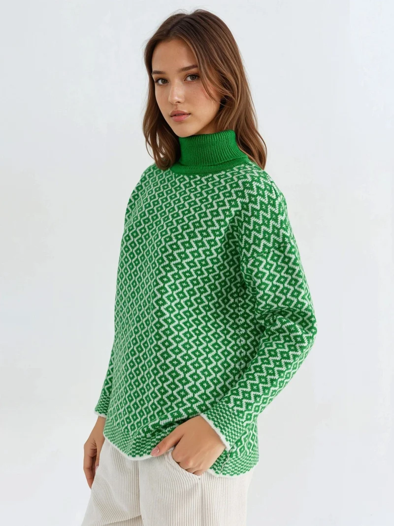 My Fashion Pine Green MY FASHION Long Turtleneck Geometric Pattern Ribbed Sweater for Women | Best Price UAE