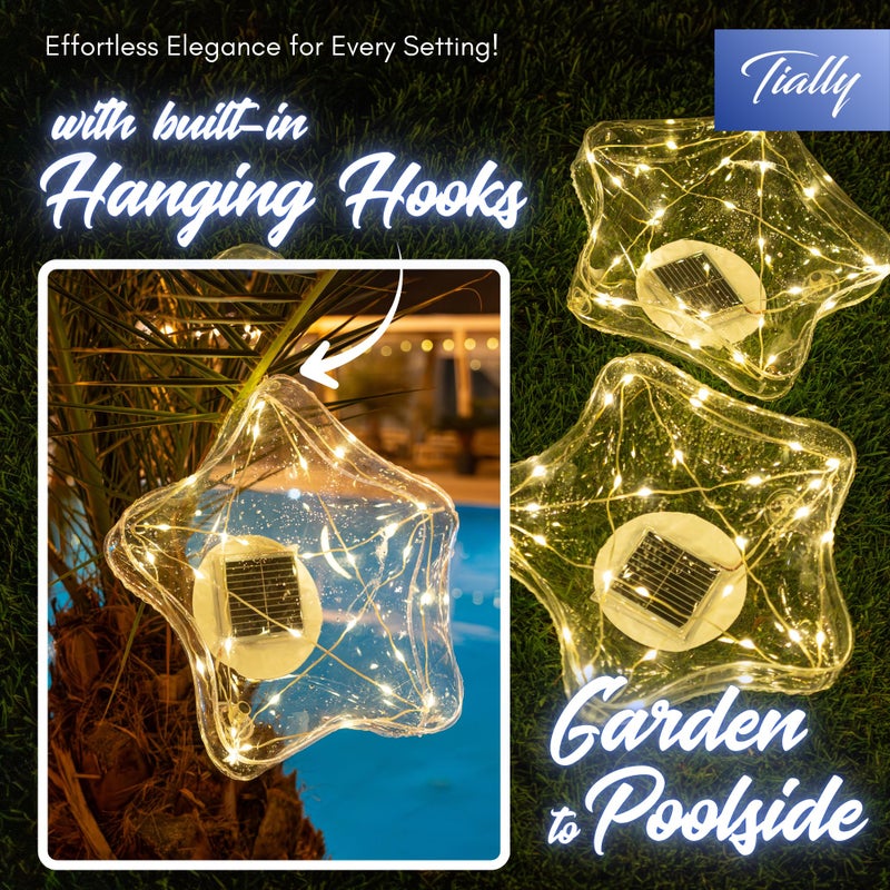 TIALLY Starfish Solar Floating Pool Lights - 14'' Star Lights Outdoor for Pool Decor, Inflatable & Hangable Outdoor Star Light, Waterproof Pool Decorations - Best Gifts for Pool Owners (2 Pack Warm) - Image 3