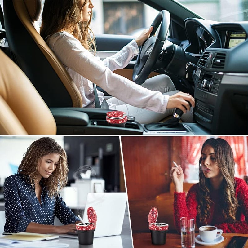 eing Car Ashtray Portable Bling Cigarette Smokeless Cylinder Cup Holder with Blue LED Light Indicator and 2 Replacement Batteries,Car Accessories for Women,Ideal for Car,Home and Office,1-Pack Red - Image 4