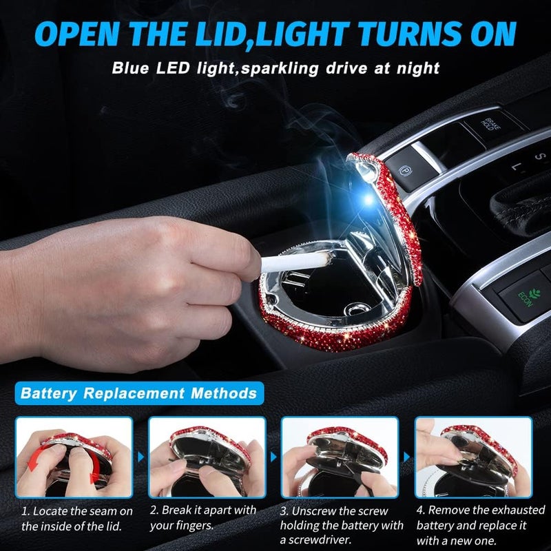 eing Car Ashtray Portable Bling Cigarette Smokeless Cylinder Cup Holder with Blue LED Light Indicator and 2 Replacement Batteries,Car Accessories for Women,Ideal for Car,Home and Office,1-Pack Red - Image 1
