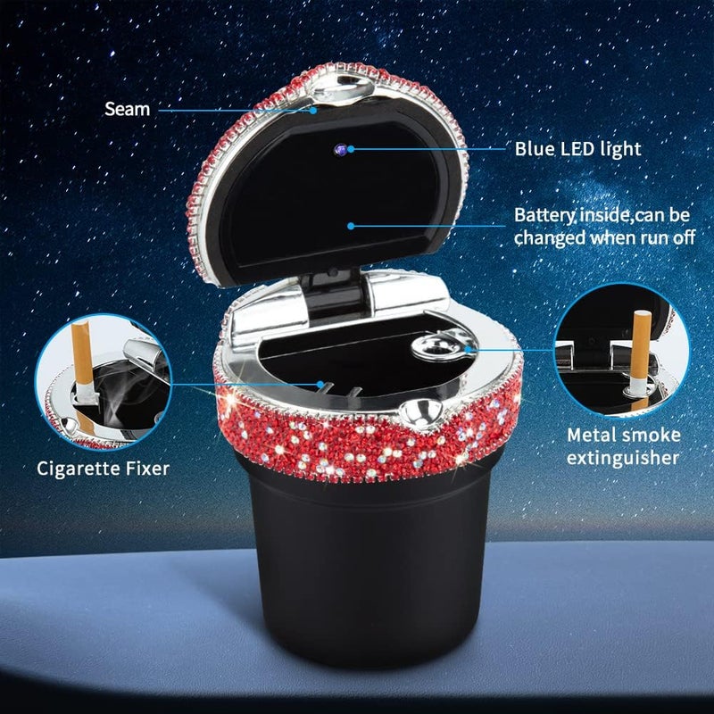 eing Car Ashtray Portable Bling Cigarette Smokeless Cylinder Cup Holder with Blue LED Light Indicator and 2 Replacement Batteries,Car Accessories for Women,Ideal for Car,Home and Office,1-Pack Red - Image 5