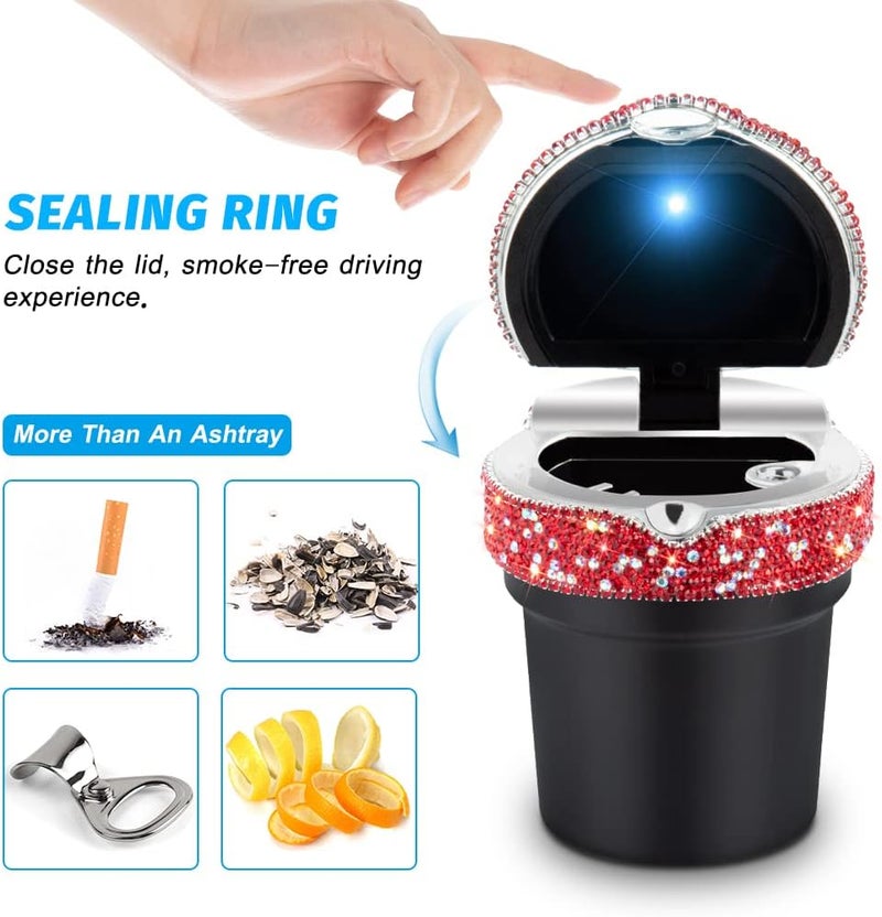 eing Car Ashtray Portable Bling Cigarette Smokeless Cylinder Cup Holder with Blue LED Light Indicator and 2 Replacement Batteries,Car Accessories for Women,Ideal for Car,Home and Office,1-Pack Red - Image 2