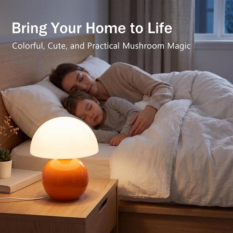 Dawnwake Mushroom Lamp Small Lamp, Table Bedside Nightstand Lamp for Bedroom, Cute Mini Modern Lamp Dimmable, Unique Aesthetic Home Decor for Living Room Girl Gifts, Ceramic Base Glass Lamp(Orange) - Image 2