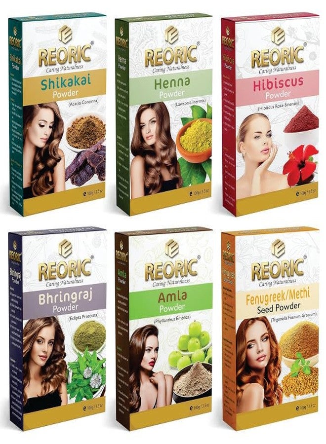 Reoric Amla Hibiscus Shikakai Bhringraj Methi Henna Powder Combo | Fenugreek, Mehendi & Indian Gooseberry | Hair Care Nutrients (600g, Pack of 6) - Image 1