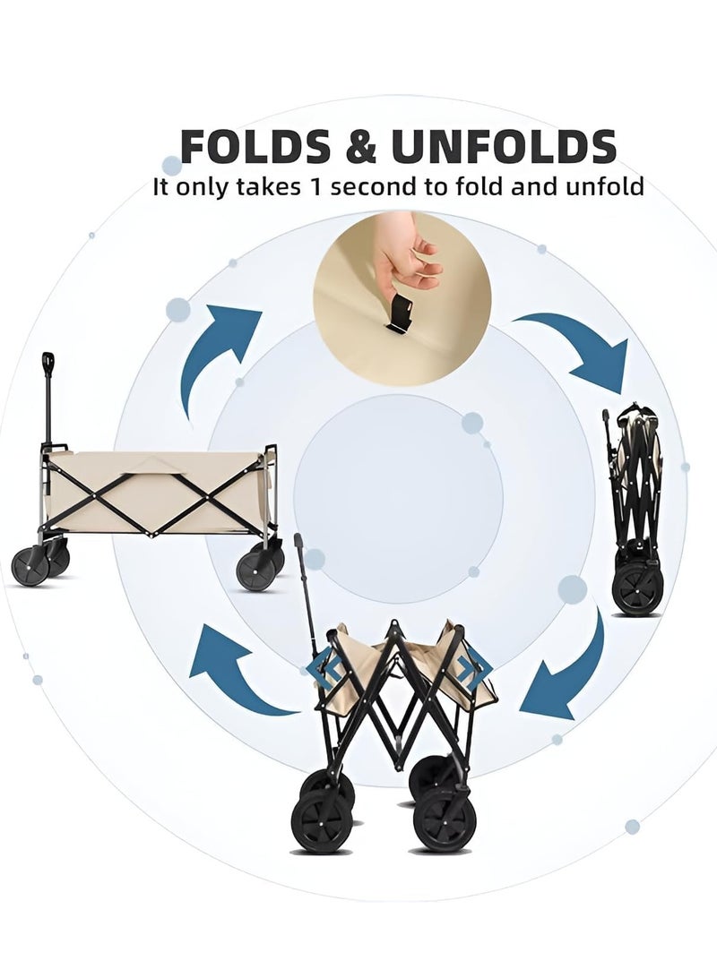 Folding Outdoor Multi-Functional Utility Wagon, Beach Cart Large Capacity, Garden Cart with Adjustable Handle Folding Double Layer Cloth Cover Trolley Outdoor Camping with Storage Basket (BEIGE) - Image 3