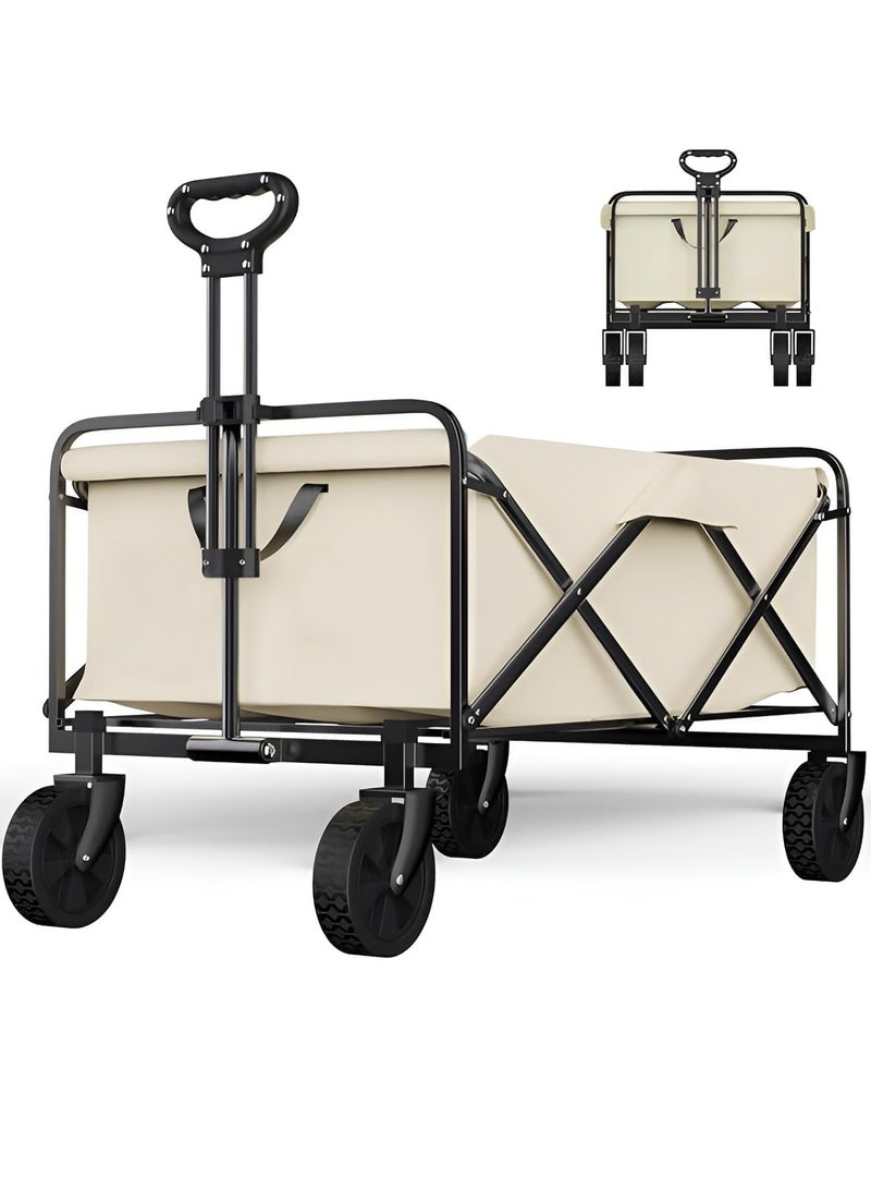 Folding Outdoor Multi-Functional Utility Wagon, Beach Cart Large Capacity, Garden Cart with Adjustable Handle Folding Double Layer Cloth Cover Trolley Outdoor Camping with Storage Basket (BEIGE) - Image 1