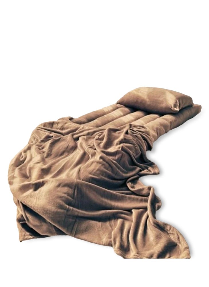 بكج الضيوف و الرحلات لون بني مكون من طراحة + بطانية + مخدة و كيس مخدة