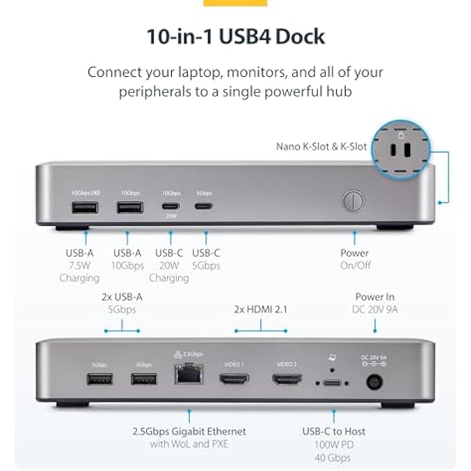 Startech.com .COM USB-C DOCKING STATION (10-IN-1, USB4), UP TO 100W CHARGING FOR LAPTOP, 40GBPS DATA TRANSFER, 2.5GB ETHERNET, SINGLE 8K, DUAL 4K DISPLAY, 6X USB (NOT MACOS COMPATIBLE) - Image 2
