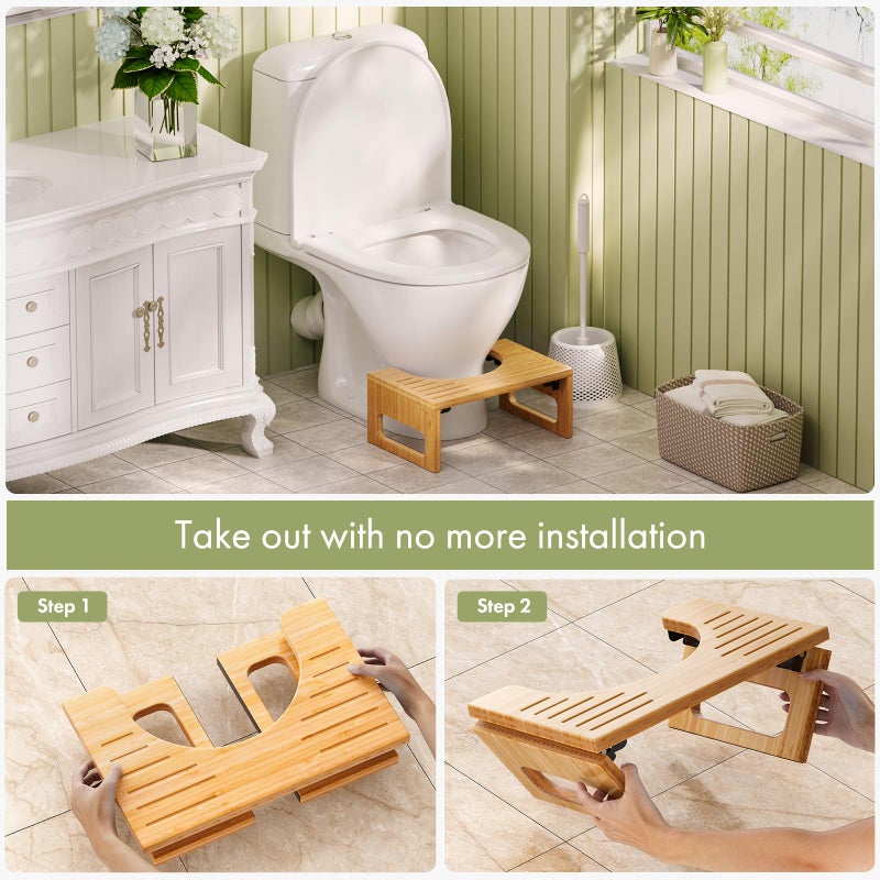AmazerBath 7 Inches Bamboo Toilet Stool Squat for Adult, Foldable Squatting Potty Stools for Bathroom, 0.79" Thickness Poop Stool with Non-Slip Strip, Space-Saving, No Assembly Required, Natural Color - Image 4