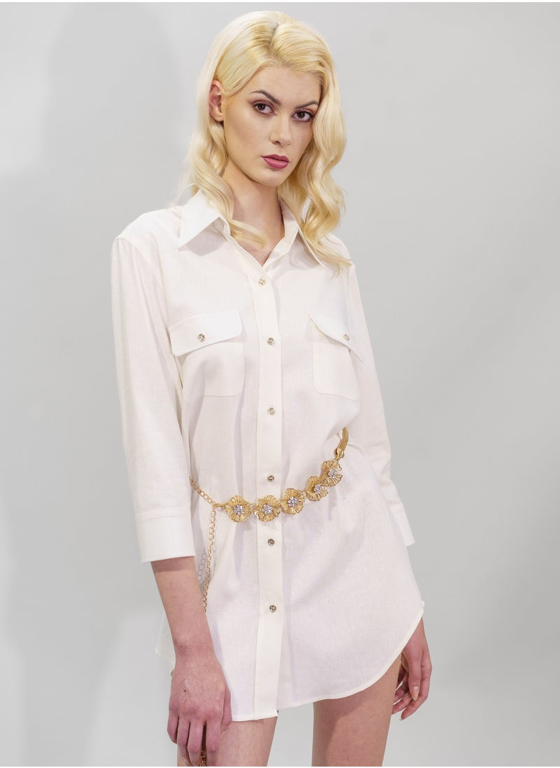 BITOLIA GALLERY Ivory Linen Shirt with 3/4 sleeves and adjustable gold metal belt  - Image 5