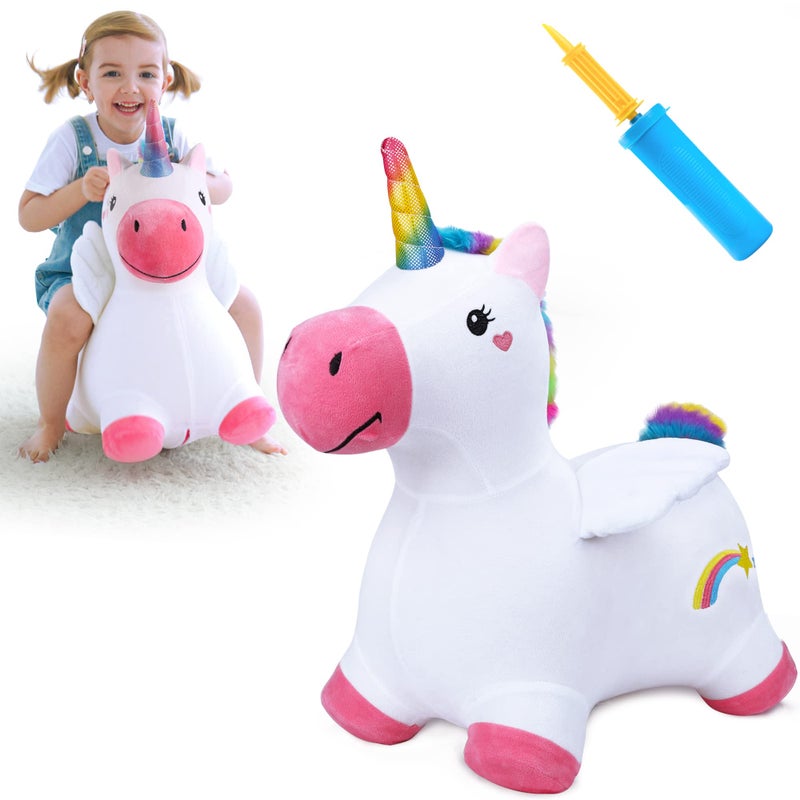 iPlay, iLearn iPlay, iLearn Bouncy Pals Hopping Unicorn Horse, Toddler Girl Inflatable Bouncing Animal Hopper Toy, Outdoor Indoor Plush Ride on Bouncer, Baby Birthday Gift 18 Month 2 3 4 Year Old Kid - Unicorn  - Image 1