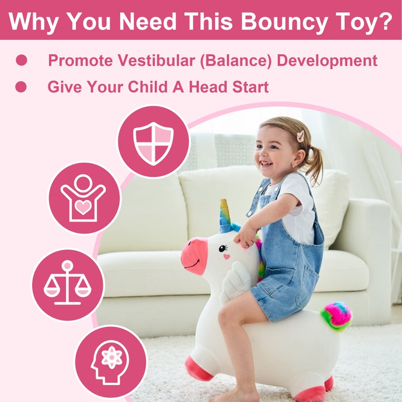 iPlay, iLearn iPlay, iLearn Bouncy Pals Hopping Unicorn Horse, Toddler Girl Inflatable Bouncing Animal Hopper Toy, Outdoor Indoor Plush Ride on Bouncer, Baby Birthday Gift 18 Month 2 3 4 Year Old Kid - Unicorn  - Image 2