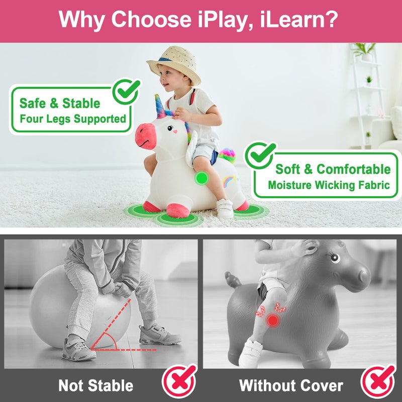 iPlay, iLearn iPlay, iLearn Bouncy Pals Hopping Unicorn Horse, Toddler Girl Inflatable Bouncing Animal Hopper Toy, Outdoor Indoor Plush Ride on Bouncer, Baby Birthday Gift 18 Month 2 3 4 Year Old Kid - Unicorn  - Image 3