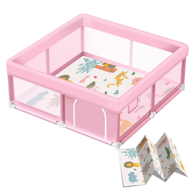 Jaobeem Pink Baby Playpen with Mat, 50x50 Inch Playpen with Mat Waterproof for Babies and Toddlers Play Pen for Girls Pink Playards Safety Gate Fence Active Center Indoor - Image 1