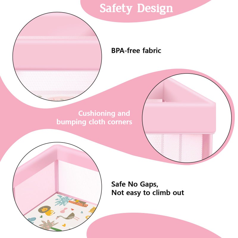 Jaobeem Pink Baby Playpen with Mat, 50x50 Inch Playpen with Mat Waterproof for Babies and Toddlers Play Pen for Girls Pink Playards Safety Gate Fence Active Center Indoor - Image 4