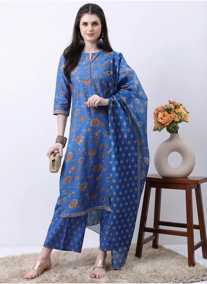 فيشود Blue Floral Printed Kurta Set with Palazzos and Dupatta by Styli
