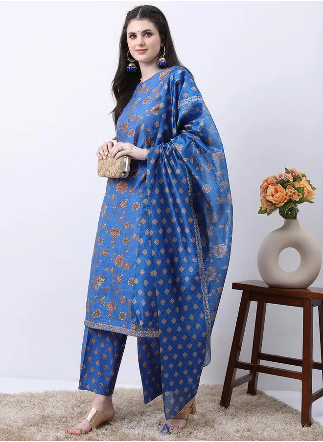 فيشود Blue Floral Printed Kurta Set with Palazzos and Dupatta by Styli