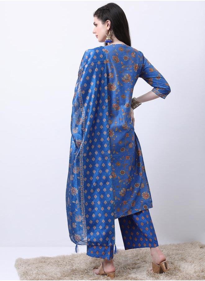 Vishudh Blue Floral Printed Kurta Set with Palazzos and Dupatta by Styli  - Image 3