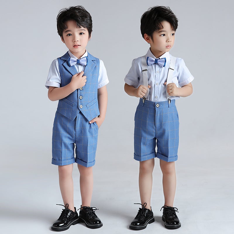 Boys' Dress Set, Kidsren's Plaid Vest Three-Piece Set, Summer 2024 New Flower Girl Host Catwalk Performance Clothing - Image 2