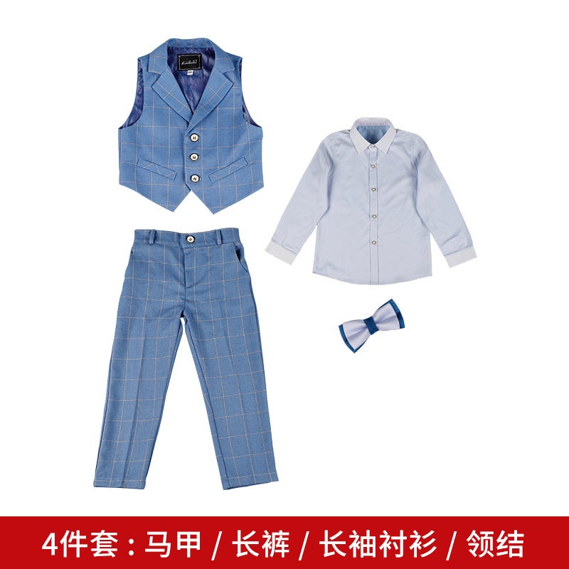 Boys' Dress Set, Kidsren's Plaid Vest Three-Piece Set, Summer 2024 New Flower Girl Host Catwalk Performance Clothing - Image 1