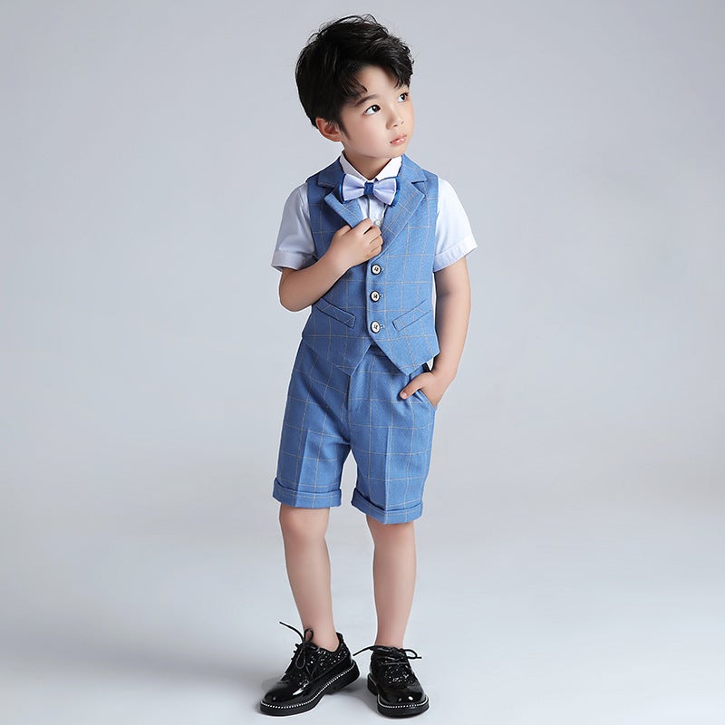 Boys' Dress Set, Kidsren's Plaid Vest Three-Piece Set, Summer 2024 New Flower Girl Host Catwalk Performance Clothing - Image 5